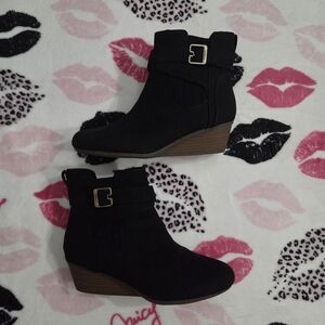Black Suade Ankle Wedge Booties with Buckle